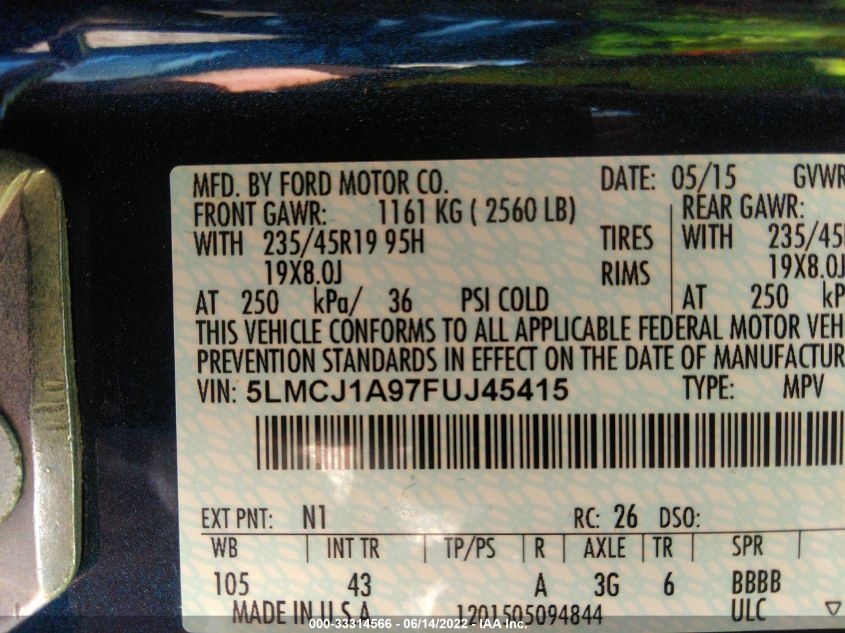 2015 LINCOLN MKC 5LMCJ1A97FUJ45415