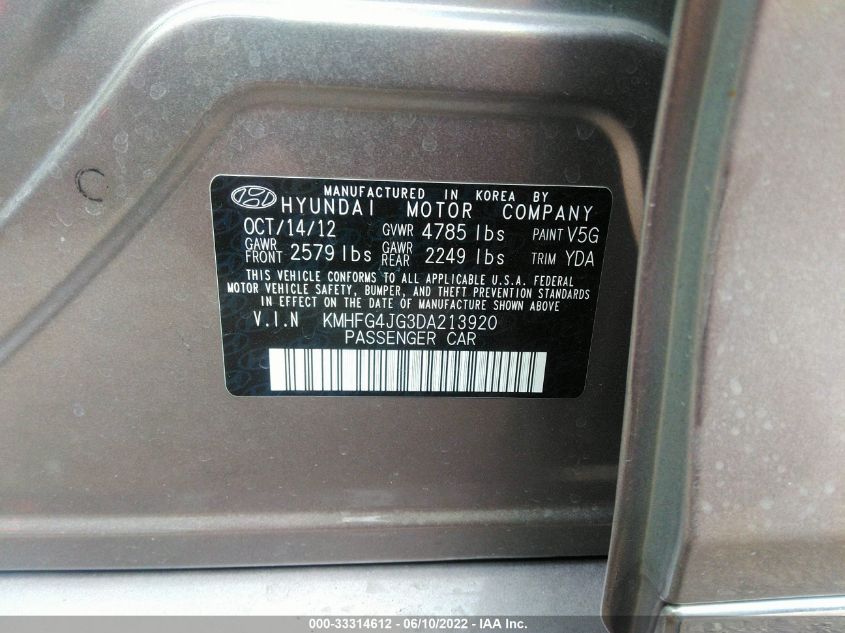 2013 HYUNDAI AZERA KMHFG4JG3DA213920
