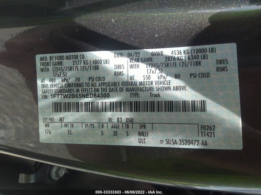 2022 FORD SUPER DUTY F-250 SRW XL/XLT/LARIAT 1FT7W2B65NED84300