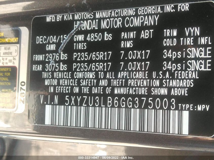 2016 HYUNDAI SANTA FE SPORT 5XYZU3LB6GG375003