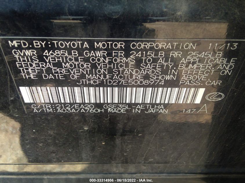 2014 LEXUS IS 250 JTHCF1D27E5008974