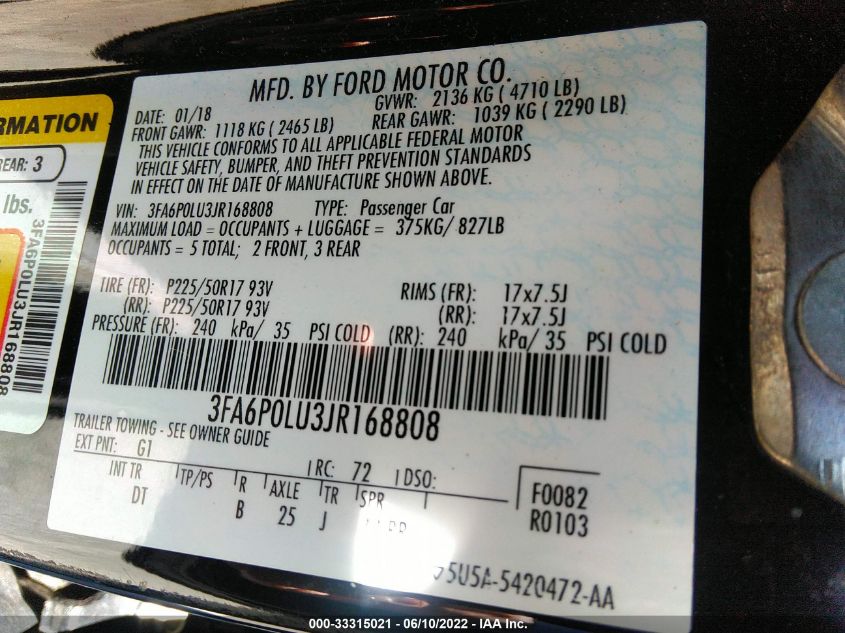 2018 FORD FUSION HYBRID SE 3FA6P0LU3JR168808