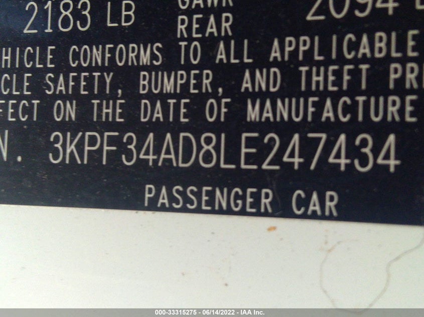 VIN 3KPF34AD8LE247434 2020 KIA FORTE GT-LINE