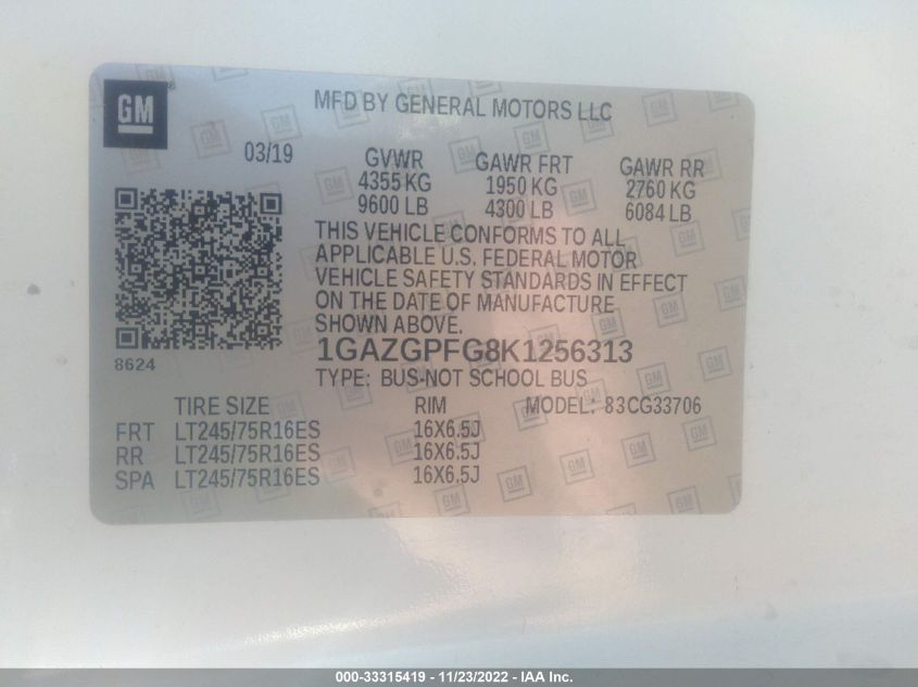 2019 CHEVROLET EXPRESS PASSENGER LT 1GAZGPFG4K1257829