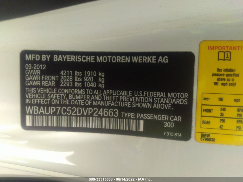 2013 BMW 1 SERIES 128I WBAUP7C52DVP24663