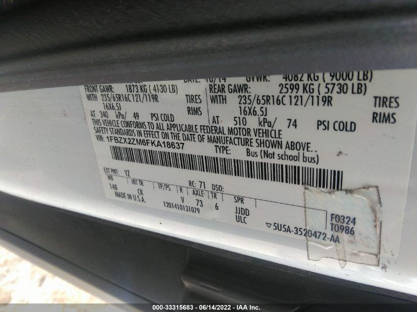2015 FORD TRANSIT WAGON XL/XLT 1FBZX2ZM6FKA18637