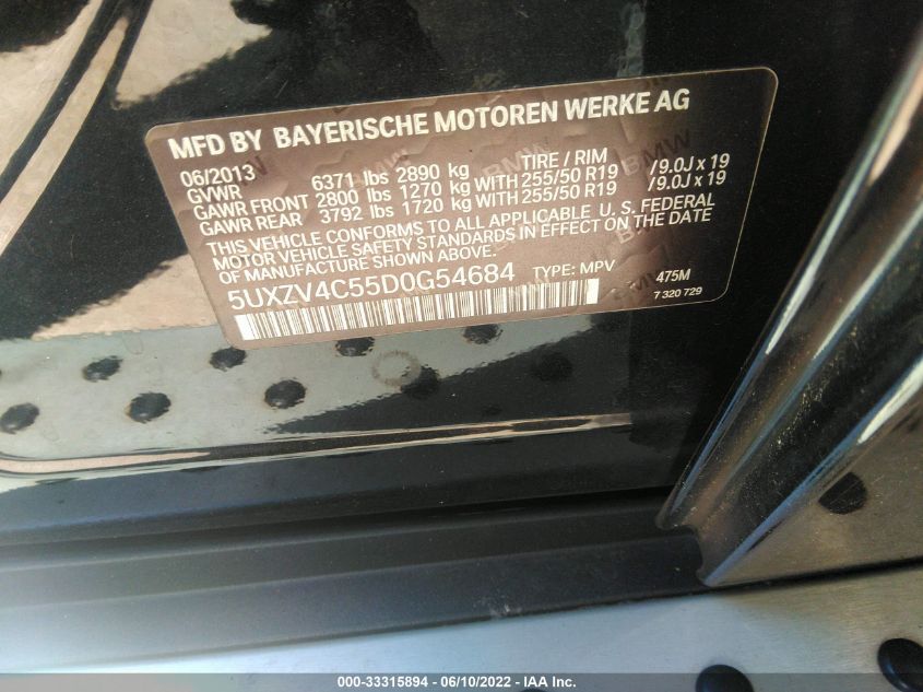 2013 BMW X5 XDRIVE35I 5UXZV4C55D0G54684