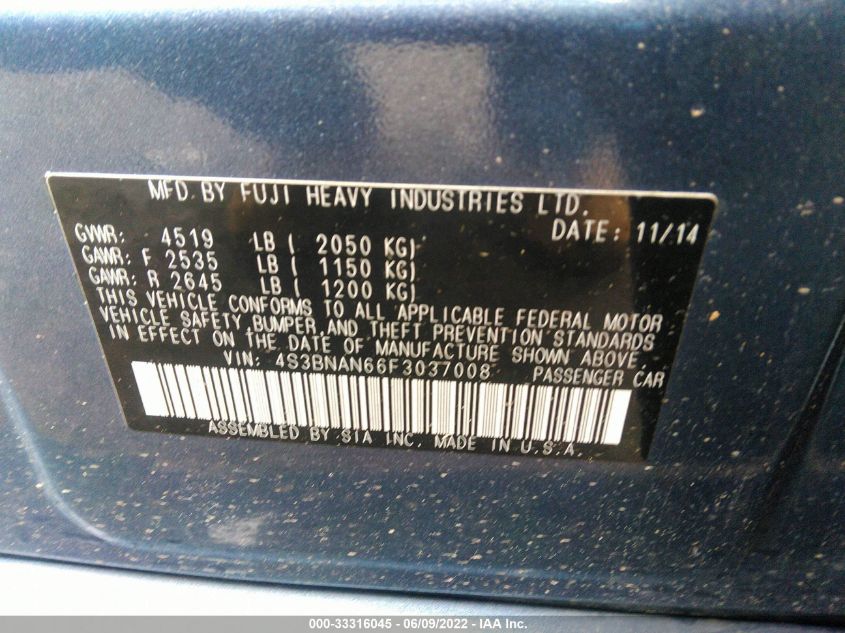 2015 SUBARU LEGACY 2.5I LIMITED 4S3BNAN66F3037008