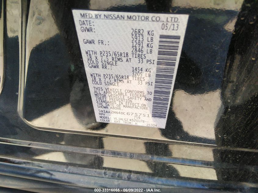 2013 NISSAN PATHFINDER SL 5N1AR2MN4DC675751