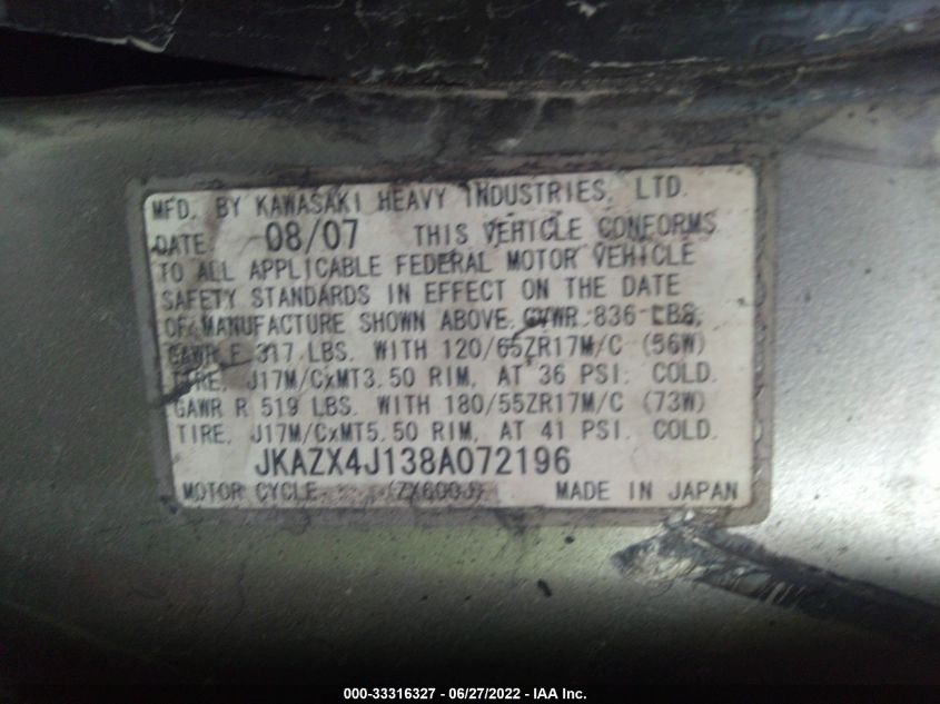 2008 KAWASAKI ZX600 J1 JKAZX4J138A072196