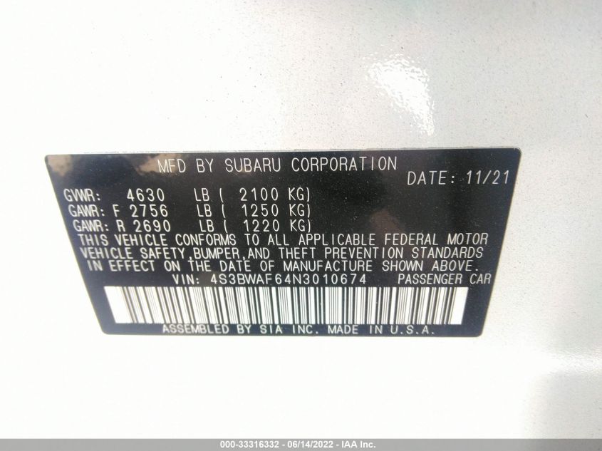 2022 SUBARU LEGACY PREMIUM 4S3BWAF64N3010674