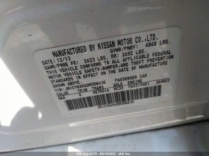 2013 INFINITI G37 SEDAN X JN1CV6AR4DM358430