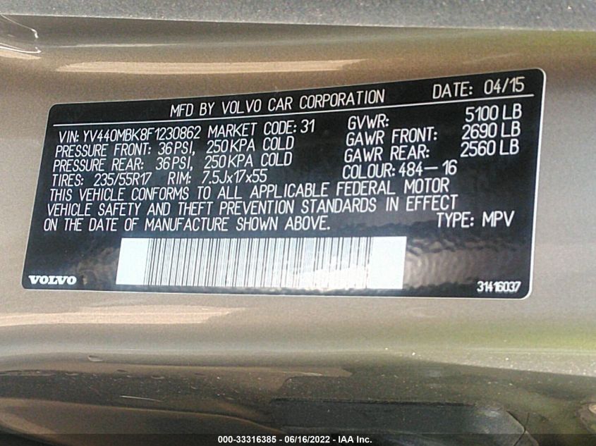 2015 VOLVO XC70 T5 DRIVE-E PREMIER YV440MBK8F1230862