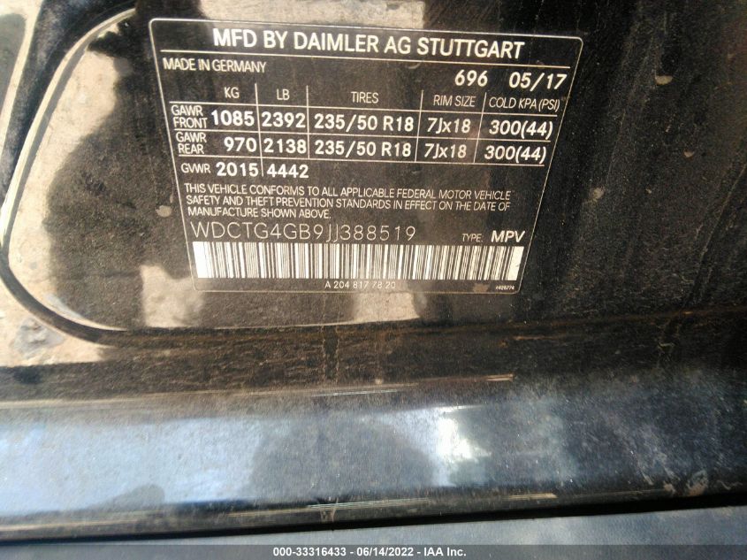 2018 MERCEDES-BENZ GLA 250 4MATIC WDCTG4GB9JJ388519