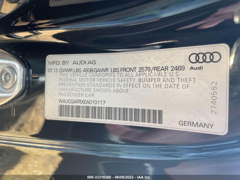 2014 AUDI S5 PREMIUM PLUS WAUCGAFRXEA010117