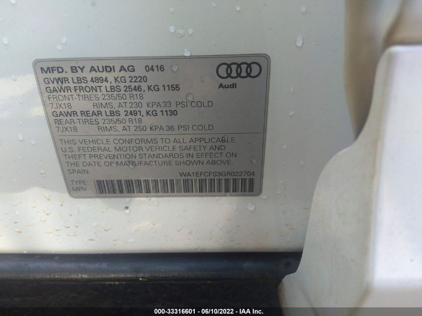 2016 AUDI Q3 PREMIUM PLUS WA1EFCFS3GR022704