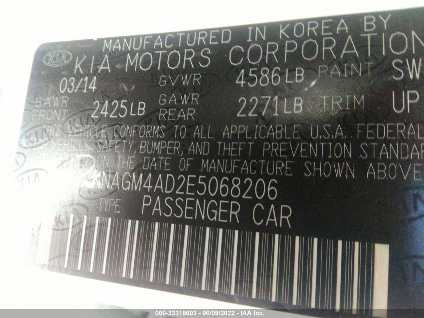 2014 KIA OPTIMA HYBRID LX KNAGM4AD2E5068206