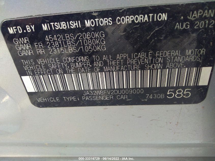 2013 MITSUBISHI LANCER EVOLUTION GSR JA32W8FV2DU009000