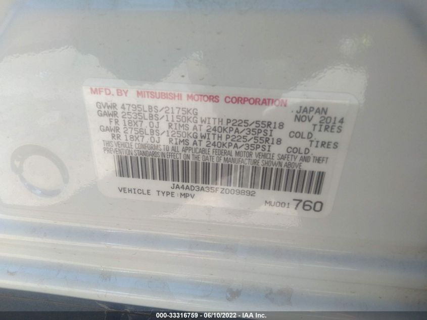 2015 MITSUBISHI OUTLANDER SE JA4AD3A35FZ009892