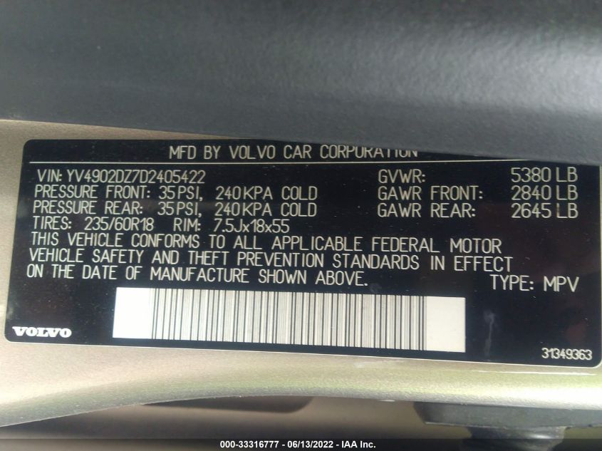 2013 VOLVO XC60 T6 YV4902DZ7D2405422