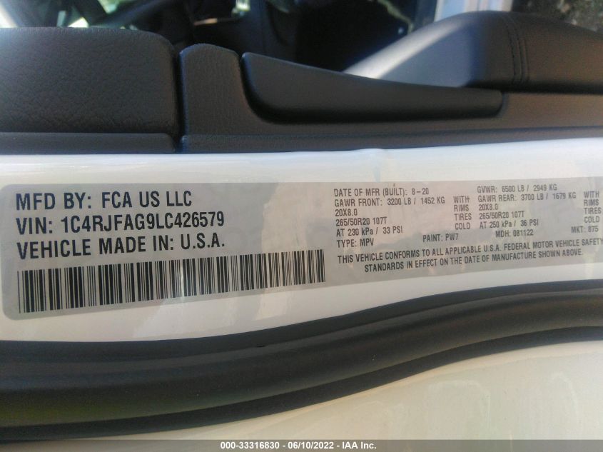 2020 JEEP GRAND CHEROKEE ALTITUDE 1C4RJFAG9LC426579