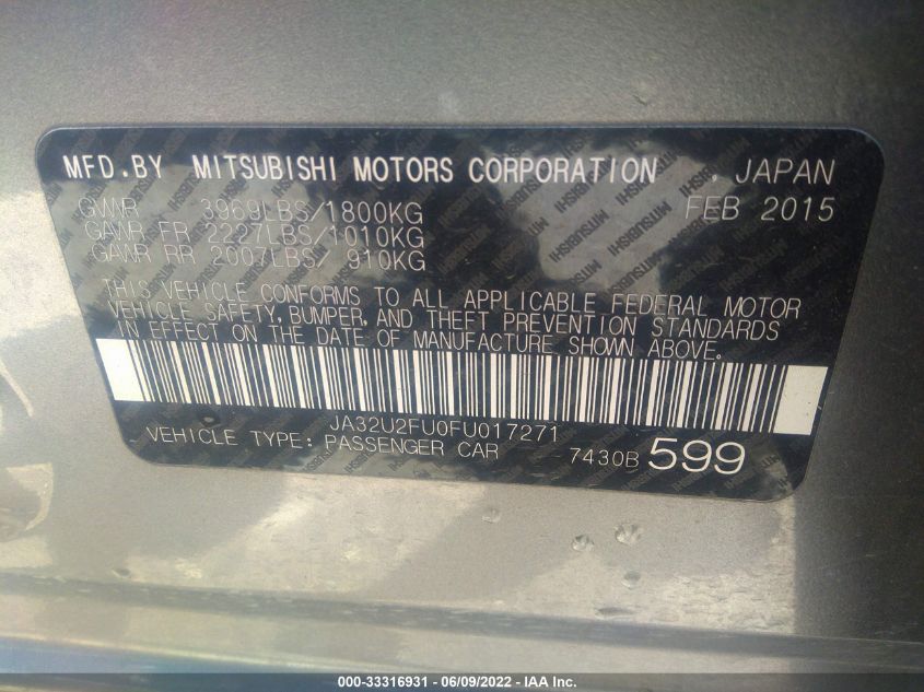 2015 MITSUBISHI LANCER ES JA32U2FU0FU017271