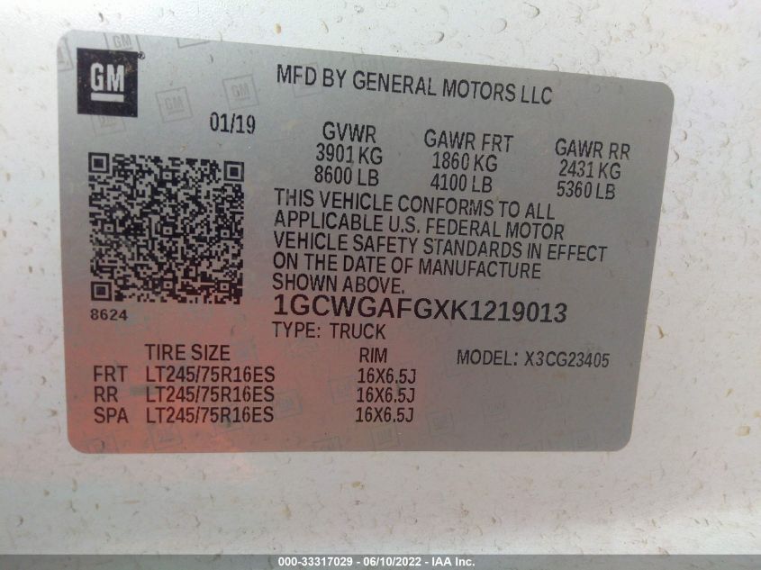 2019 CHEVROLET EXPRESS CARGO VAN 1GCWGAFGXK1219013