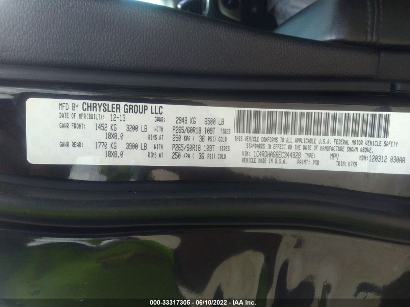 2014 DODGE DURANGO SXT 1C4RDHAG6EC344928