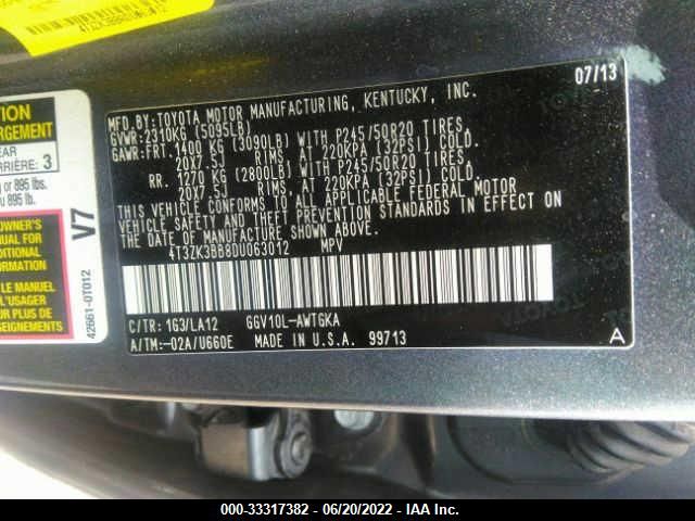 2013 TOYOTA VENZA LE/XLE/LIMITED 4T3ZK3BB8DU063012