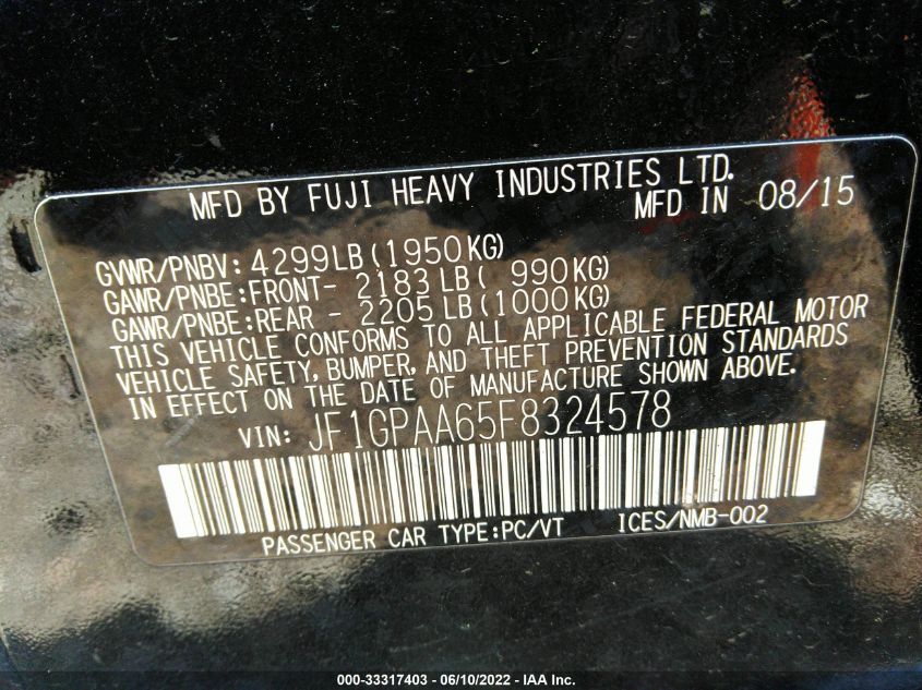 2015 SUBARU IMPREZA WAGON 2.0I JF1GPAA65F8324578