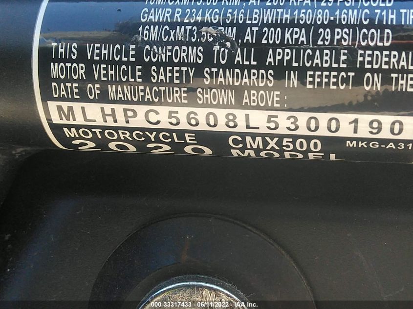 2020 HONDA CMX500 MLHPC5608L5300190