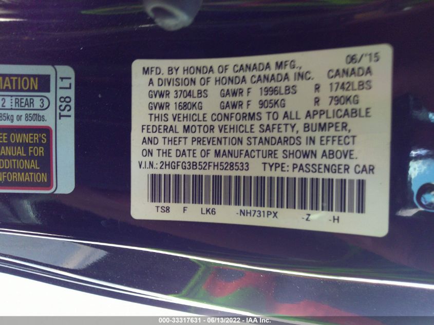 2015 HONDA CIVIC COUPE LX 2HGFG3B52FH528533