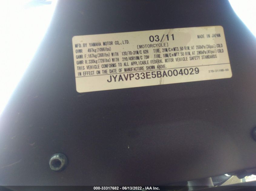 2011 YAMAHA XVS1300 CU JYAVP33E5BA004029
