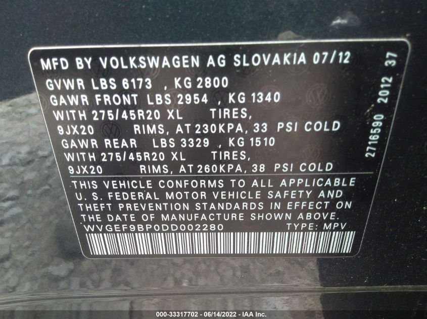 2013 VOLKSWAGEN TOUAREG V6 WVGEF9BP0DD002280