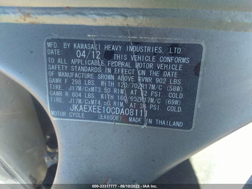 2012 KAWASAKI EX650 EC JKAEXEE10CDA08111