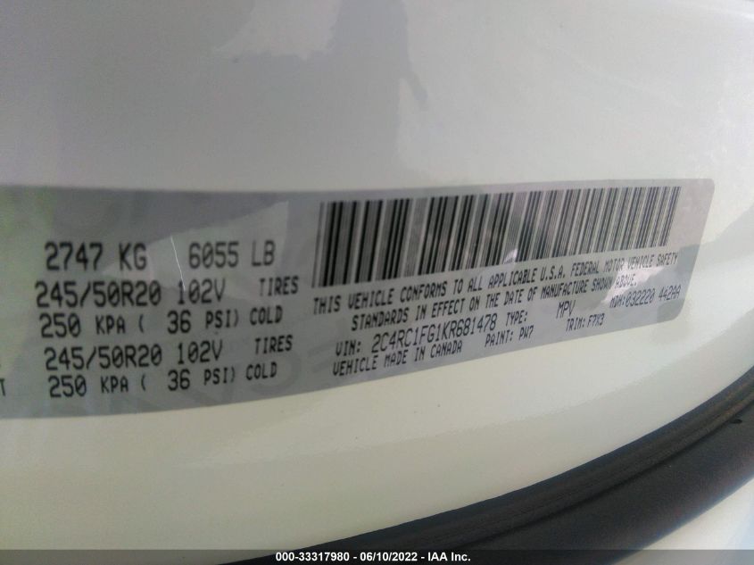 2019 CHRYSLER PACIFICA TOURING PLUS 2C4RC1FG1KR681478