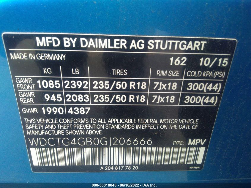 2016 MERCEDES-BENZ GLA GLA 250 WDCTG4GB0GJ206666