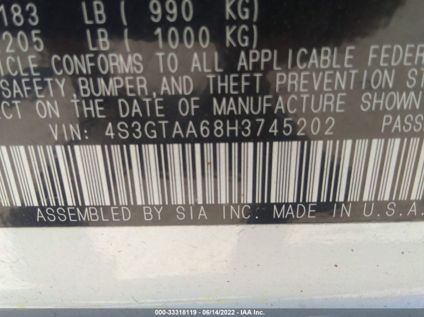 2017 SUBARU IMPREZA 4S3GTAA68H3745202