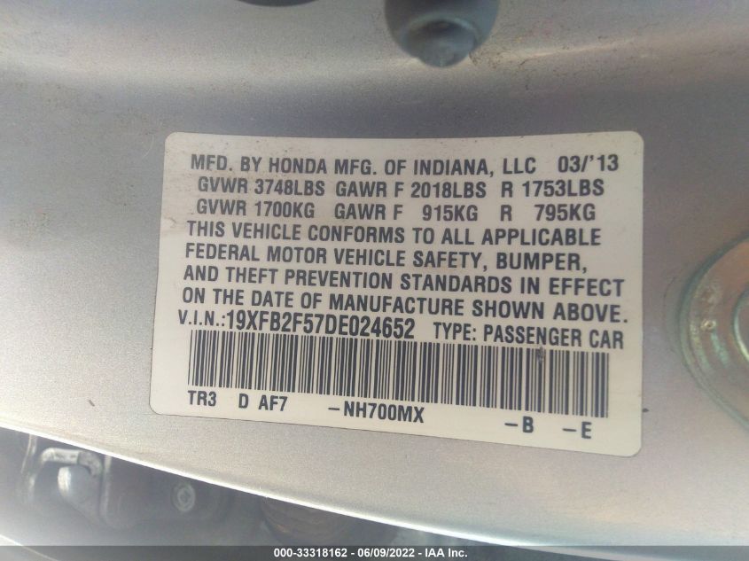 2013 HONDA CIVIC SDN LX 19XFB2F57DE024652