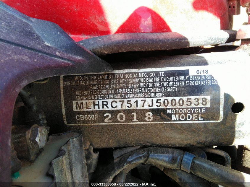 2018 HONDA CB650 F MLHRC7517J5000538