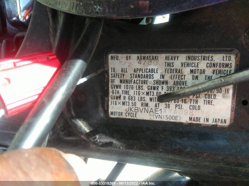 2000 KAWASAKI VN1500 E JKBVNAE1XYA098075