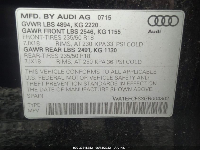 2016 AUDI Q3 PREMIUM PLUS WA1EFCFS3GR004302