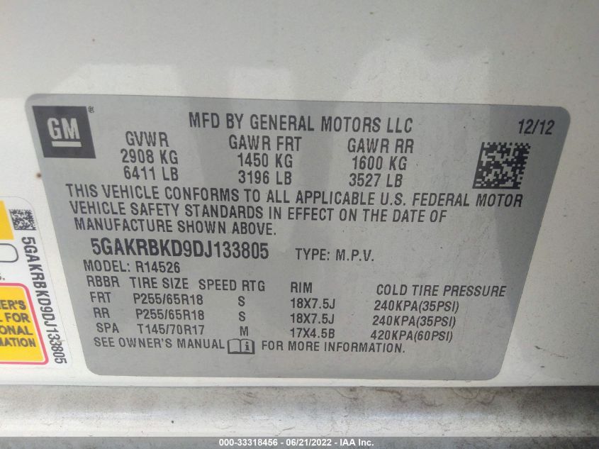 2013 BUICK ENCLAVE CONVENIENCE 5GAKRBKD9DJ133805