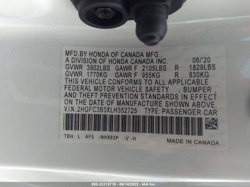 2020 HONDA CIVIC COUPE EX 2HGFC3B3XLH352725
