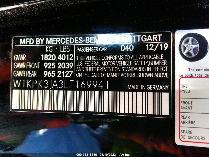 2020 MERCEDES-BENZ SLC SLC 300 W1KPK3JA3LF169941