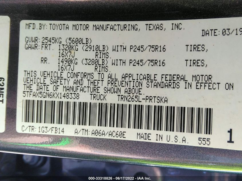 2019 TOYOTA TACOMA 2WD SR/SR5 5TFAX5GN6KX148338