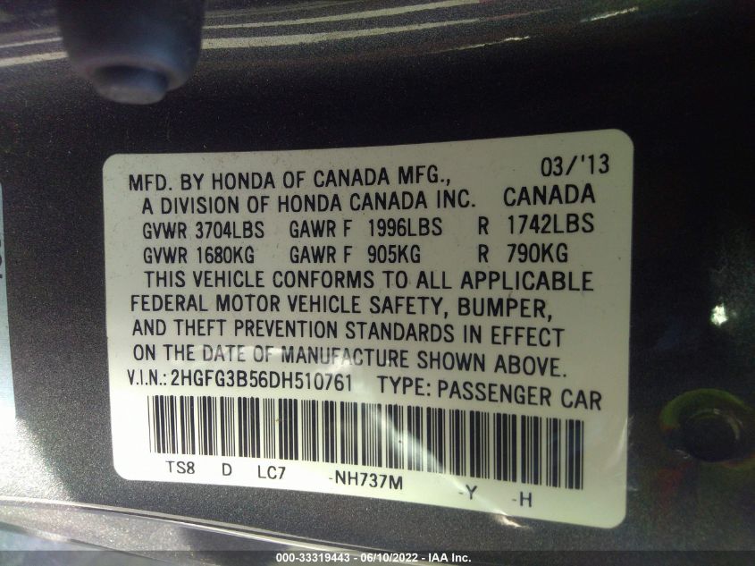 2013 HONDA CIVIC CPE LX 2HGFG3B56DH510761