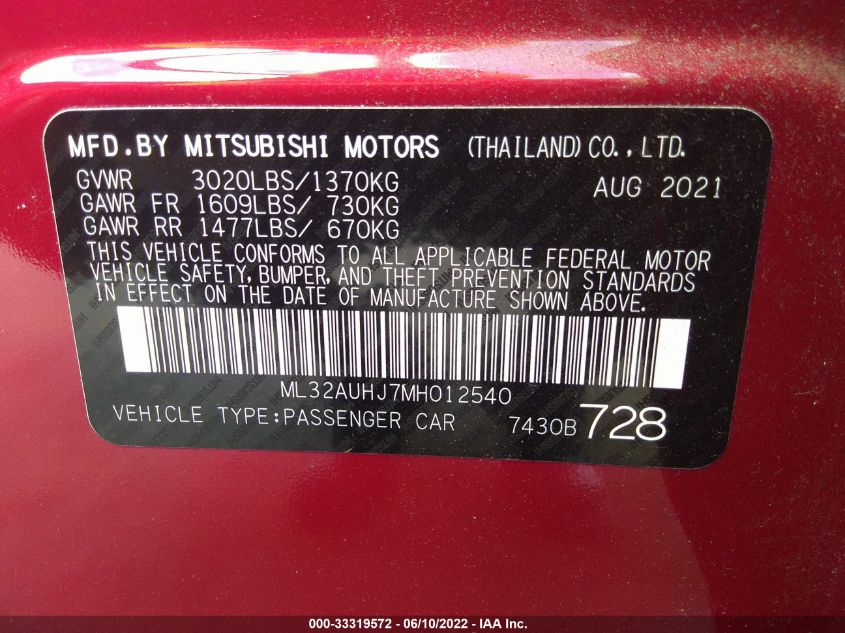 2021 MITSUBISHI MIRAGE ES/LE/CARBONITE EDITION ML32AUHJ7MH012540