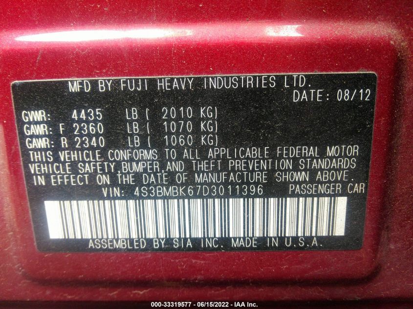 2013 SUBARU LEGACY 2.5I LIMITED 4S3BMBK67D3011396