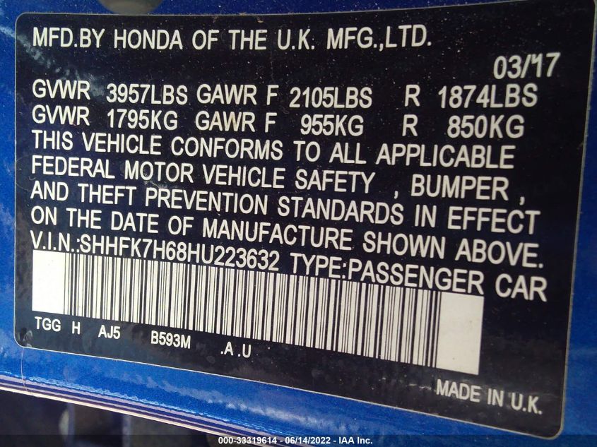 2017 HONDA CIVIC HATCHBACK EX SHHFK7H68HU223632